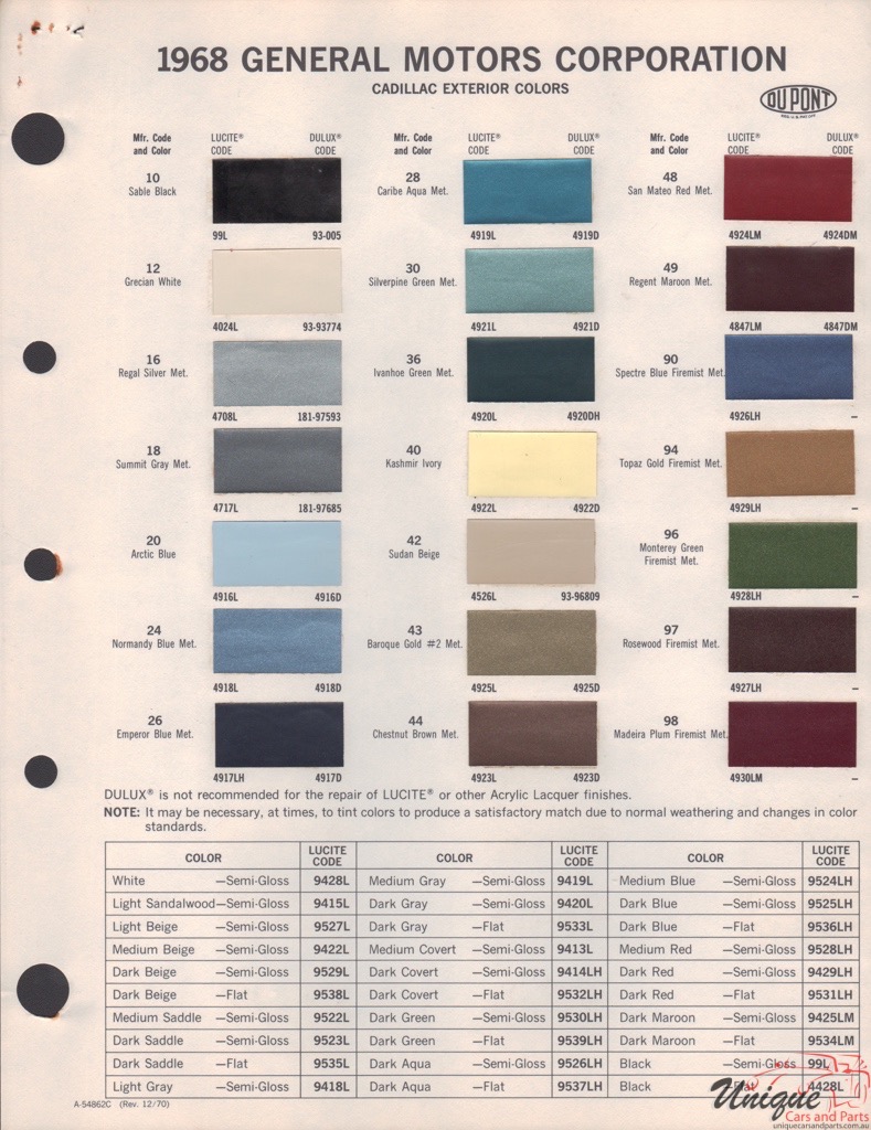 1968 Cadillac Paint Charts DuPont 3